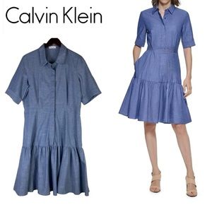 Calvin Klein Cotton Shirtdress Dress Chambray Blue Ruffle Tiered Size 8